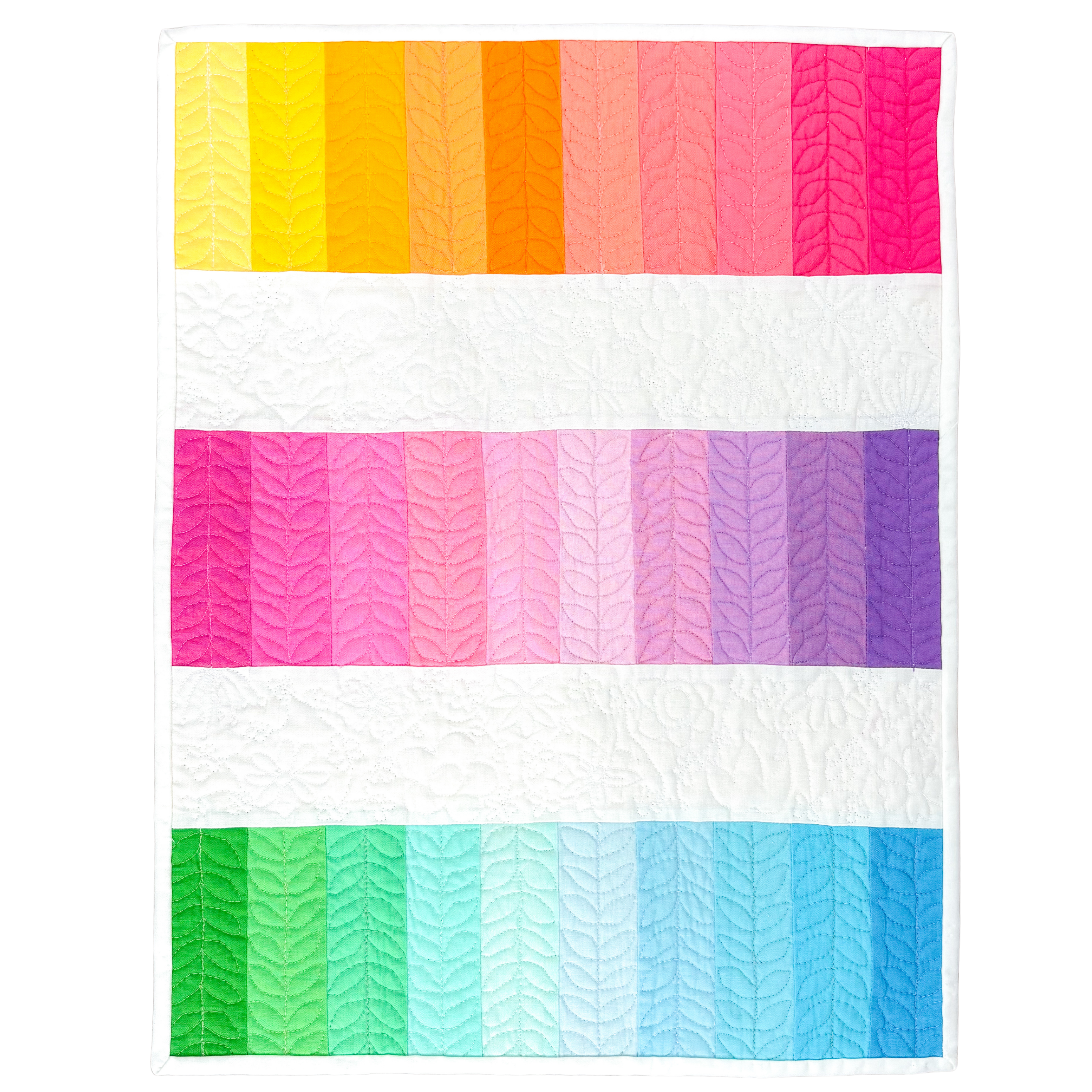 Colorful striped quilt with vertical bands of yellow, orange, pink, purple, green, and blue on a white background.